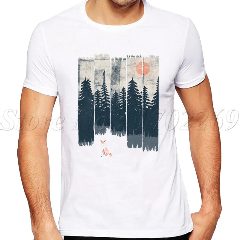 Retro styled, white men's shirt with pine trees, sunset, and fox.