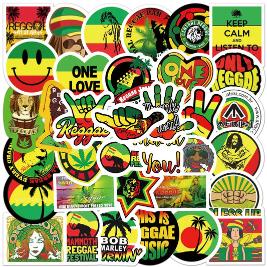 Displayed is an assortment of Bob Marley Stickers and decals.