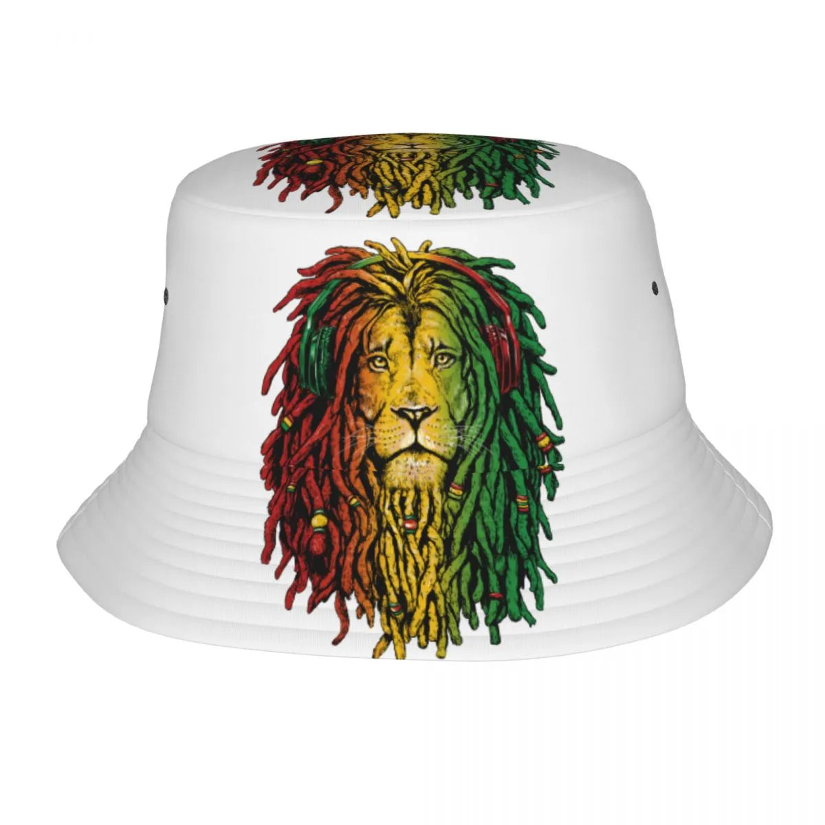 A white bucket hat with the Bob Marley Jamaican Lion on it with Rastafarian colors for the lion 