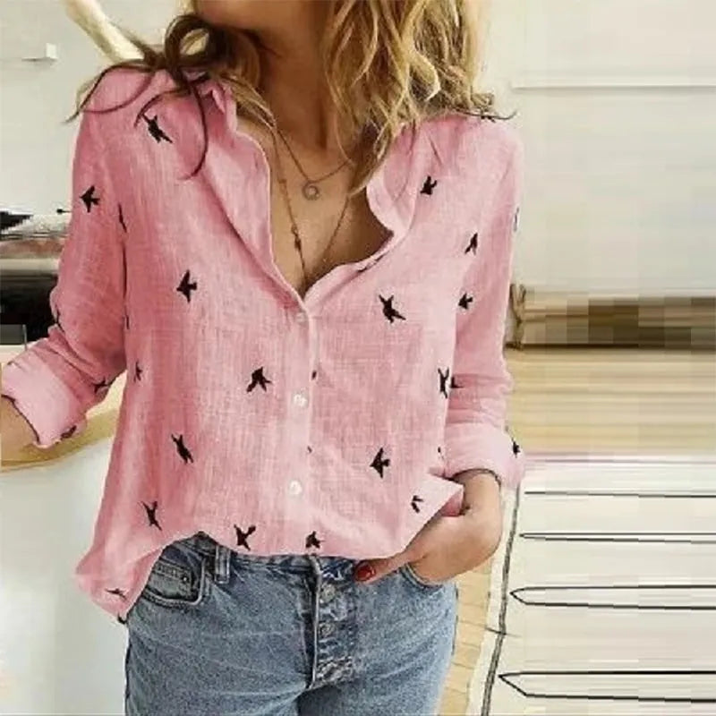 Lapel Button Long Sleeve Oversized Blouse